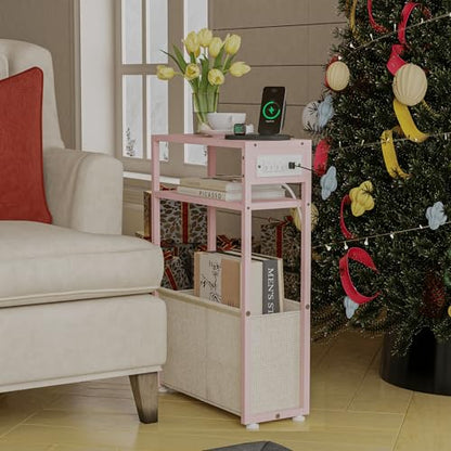 Leomonio Pink Side Table with Charging Station, Slim End Tables with Linen Basket, Skinny Table for Small Spaces, Thin Bedside Table for Living Room, Bedroom - color: Jelly Pink + Cream White - Outlet