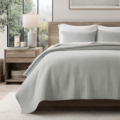 100% Cotton Modern Grid Stitch Quilt Set, King Size, Drizzle Gray | Pre-Washed Cotton Coverlet Bedspread, Oversized Lightweight 3-Piece Bedding Set for All Season, with 2 Pillow Shams - color: Drizzle Gray, size: King (110" X 94")