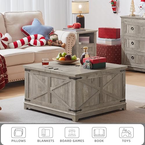 Joaxswe Farmhouse Coffee Table with Hidden Storage Organizer, Modern Square Large Center Table, Wood Farm House Low Rustic Light Oak Living Room Tables with Hinged Lift Top for Home, Office - color: Light Oak, style: With Legs