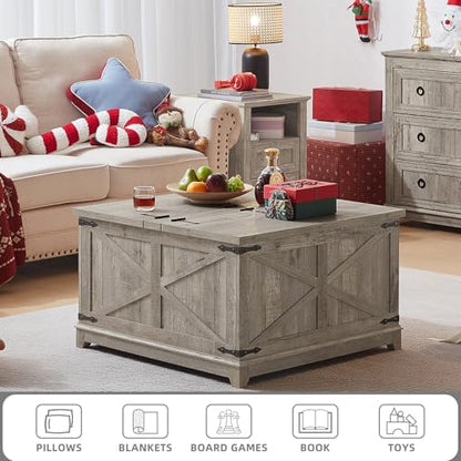 Joaxswe Farmhouse Coffee Table with Hidden Storage Organizer, Modern Square Large Center Table, Wood Farm House Low Rustic Light Oak Living Room Tables with Hinged Lift Top for Home, Office - color: Light Oak, style: With Legs