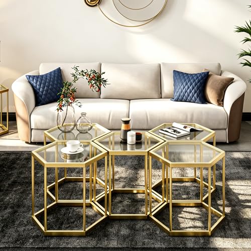 Hexagonal Modular Coffee Table, Gold Plated Frame, Tempered Glass Top, Geometric Accent Side Table, Multi-Purpose Nesting Table for Living Room Bedroom, Set of 1 - size: 1 Piece