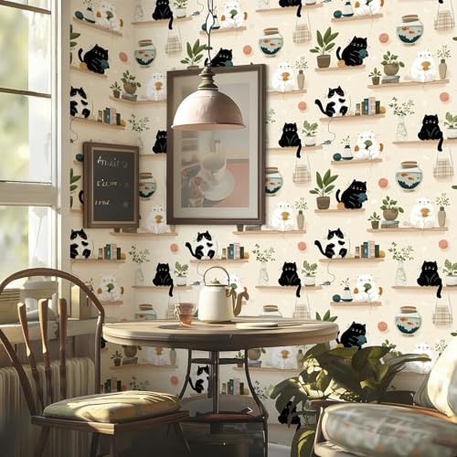 Stickorama Light Beige Cozy Cat Peel and Stick Wallpaper Self Adhesive Removable Waterproof 17.72" x 118.1'' Hand-Painted Fish Tank Mural Renter Friendly for Bedroom Living Room Study - color: WZ-HU0039-3, size: 17.7" x 118.1"