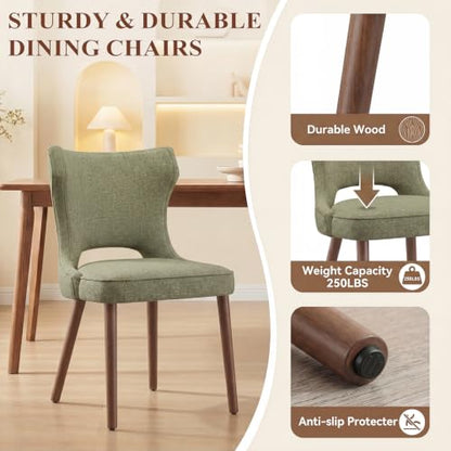 Wooden Dining Chairs Set of 2, Mid Century Dining Room Chairs with Solid Wood Legs, Upholstered Fabric Kitchen Chairs with Ergonomic Curved Backrest for Kitchen Dining Room, Green - color: Green, size: Set of 2