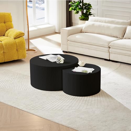 JUSTONE Set of 2 Nesting Coffee Table,Modern Round Wood Accent Side End Table for Living Room Bedroom and Entryway, Apartment,Round Coffee Tables for Small Spaces No Assembling (Black) - color: Round-black