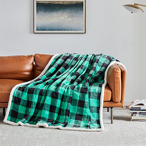 Sherpa Green and Black Buffalo Plaid Christmas Twin Blanket 60" X 70", Fuzzy Fluffy Soft Cozy Blanket, Fleece Flannel Plush Microfiber Blanket for Couch Bed Sofa (Green and Black) - color: Green