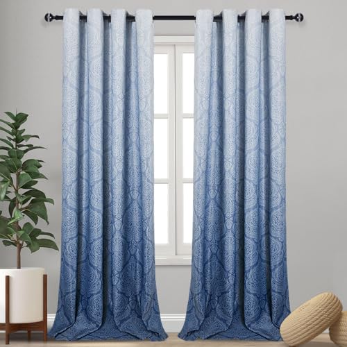 DWCN Ombre Blackout Curtains for Living Room - Thermal Insulated Block Light Energy Saving Privacy Gradient Damask Grommet Window Curtains for Bedroom, Set of 2 Panels, 52 x 102 Inch Length, Navy Blue - color: Navy Blue, size: 52"W x 102"L (Pack of 2)