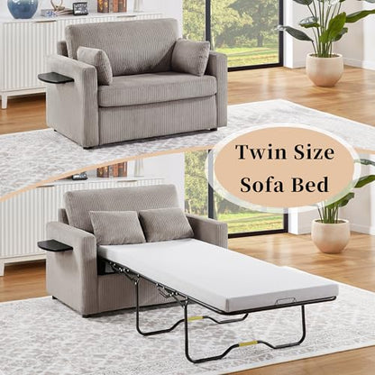 Twin Sofa Bed Sleeper Loveseat with Foldable Mattress USB, Grey+Brown | Space-saving bed for guest room or apartment, compact footprint, easy pull-out design, convenient device charging - color: Grey+brown