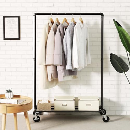 SONGMICS Heavy-Duty Clothes Rack, Clothing Rack for Hanging Clothes, Industrial Garment Rack on Wheels, Metal Frame, 2 Casters with Brakes, Commercial Display, Black UHSR61BK | Industrial Garment Rack for Hanging Clothes, 2 Casters with Brakes, Commercial