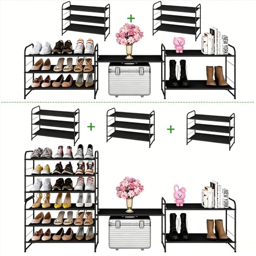 Ekisemio 3-Tier Stackable Shoe Rack – Expandable & Adjustable Fabric Shoe Organizer, Space-Saving for Closet, Black - size: 11.5"D x 27"W x 19"H