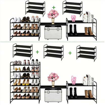 Ekisemio 3-Tier Stackable Shoe Rack – Expandable & Adjustable Fabric Shoe Organizer, Space-Saving for Closet, Black - size: 11.5"D x 27"W x 19"H