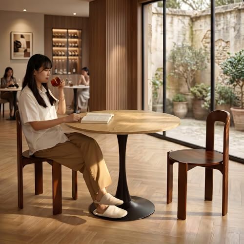 31.5" Round Tulip Table - Mid Century Modern Kitchen Dining Table | Natural Wood Grain Top & Black Pedestal Base, Space-Saving Table for Apartment, Breakfast Nook, Office, Small Dining Areas - color: Natural & Black, size: 31.5 Inch