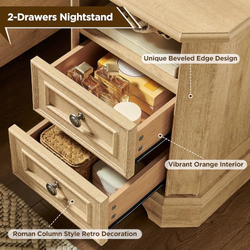 T4TREAM Farmhouse Nightstand with Charging Station, 18" End Table with 2 Drawers, Wood Side Table, Bedside Cabinet for Bedroom, Living Room (Natural Oak) - color: Natural Oak