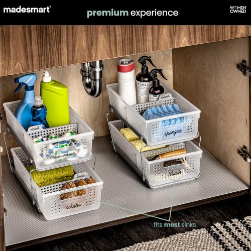 madesmart Two Tier Pull Out Organizer, Frost | adjustable dividers, tiered access, cleaning supplies, under sink use, pantry bottles, woman owned - color: Frost + Dividers, size: 1-Pack