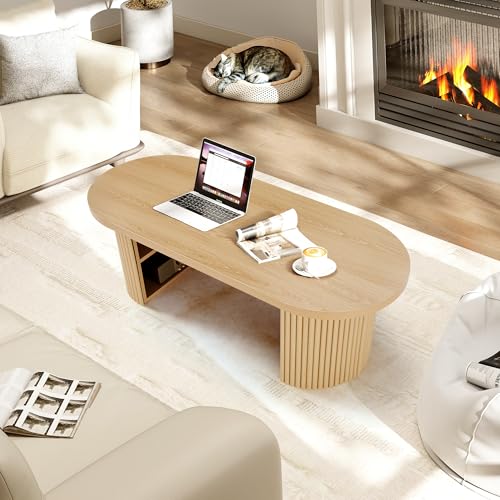 Oval Fluted Coffee Table, 47" Farmhouse Wood Coffee Table Mid Century Modern Center Table Boho Living Room Tables for Living Room Office,Natural - color: Natural, size: 19.69"D x47.2"W x 15.74"H