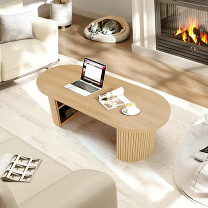 Oval Fluted Coffee Table, 47" Farmhouse Wood Coffee Table Mid Century Modern Center Table Boho Living Room Tables for Living Room Office,Natural - color: Natural, size: 19.69"D x47.2"W x 15.74"H