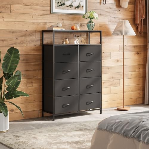 WLIVE 8 Drawer Black Fabric Dresser Open Shelves, Tall Storage Tower | Black fabric drawers plus open shelves, steel frame with wood top, great for bedroom closet entryway and dorm storage - color: Charcoal Black, style: Raised Shelves