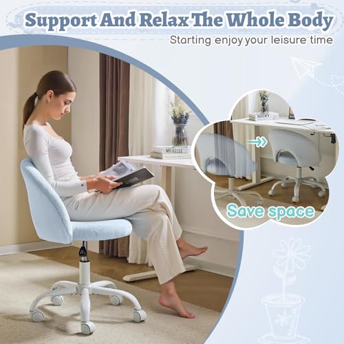 VINGLI Small Vanity Chair with Faux Fur Wheels for Girls,Cute Adjustable Height Armless Office Desk Chair,360°Swivel Comfy Rolling for Study,Make up Room,Small Space,Blue - color: Furry Blue