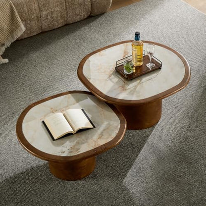 Nesting Coffee Table Set of 2 with Sintered Tabletop, Walnut | 29.13" & 23.38" Modern Irregular Kitchen Table, Burl Wood Veneer, Sturdy MDF Pedestal Base for living Room, Easy Assembly - color: 29.13" & 23.38", Walnut
