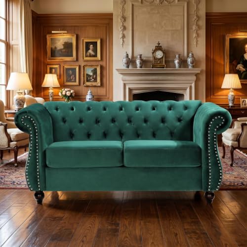 GDFStudio 82.6" Velvet Sofa Set, Modern Living Room Couch Set, Upholstered Sofa Loveseat Chair Set, Chesterfield with Button Tufted Back Rolled Arms Wood Tapered Feet for Apartment Living Room, Green - color: Green, size: 3+2+1 Seat