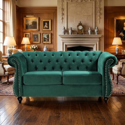 GDFStudio 82.6" Velvet Sofa Set, Modern Living Room Couch Set, Upholstered Sofa Loveseat Chair Set, Chesterfield with Button Tufted Back Rolled Arms Wood Tapered Feet for Apartment Living Room, Green - color: Green, size: 3+2+1 Seat