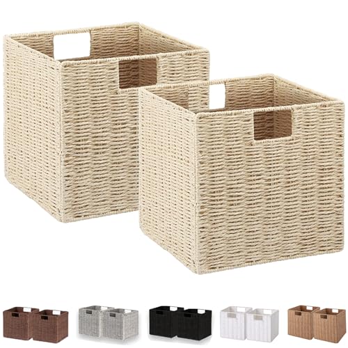 Wicker Storage Basket, Set of 2 Hand-Woven Paper Rope Storage Baskets, Foldable Cube Storage Organizer Bins, 11 Inch Wicker Storage Baskets for Shelves and Decor, Square Storage Basket, Beige - color: Beige, size: 11'' x 11'' x 11''