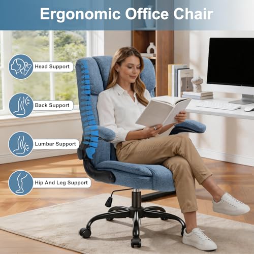 Fabric Office Chair High Back Executive Ergonomic Chair Flip Arms | Premium cloth fabric office chair with high back ergonomic support, flip-up arms, adjustable height, 90°-120° tilt function - color: Blue