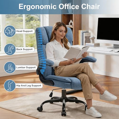 Fabric Office Chair High Back Executive Ergonomic Chair Flip Arms | Premium cloth fabric office chair with high back ergonomic support, flip-up arms, adjustable height, 90°-120° tilt function - color: Blue