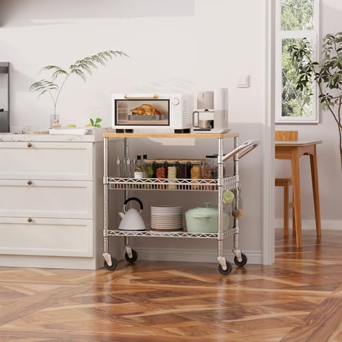 3 Tier Rolling Kitchen Carts with Wheels, Heavy Duty Rolling Utility Cart with Wood Tabletop, Commercial Grade Metal Cart with Handle and Hooks, NSF Storage Serving Island Carts, Light Wood+Metal - color: Light Wood+metal-3 Tier