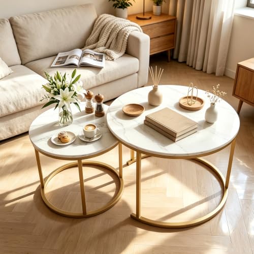 aboxoo Nesting Coffee Table Round Tables for Living Room,Faux Marble Round Accent Table with Gold Metal Frame,Modern Stackable End Table for Living Room Bedroom Small Space - color: White Marble & Gold