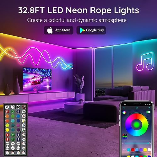 LETIANPAI 32.8Ft Neon Rope Lights,Flexible Led Rope Lights Control with App/Remote,Multiple Modes Rope Lights,IP65 Outdoor RGB Led Neon Lights Waterproof,Music Sync Gaming Led Light Strip (32.8FT) - size: 32.8 ft