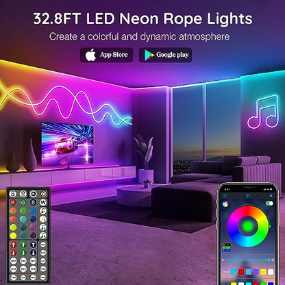 LETIANPAI 32.8Ft Neon Rope Lights,Flexible Led Rope Lights Control with App/Remote,Multiple Modes Rope Lights,IP65 Outdoor RGB Led Neon Lights Waterproof,Music Sync Gaming Led Light Strip (32.8FT) - size: 32.8 ft