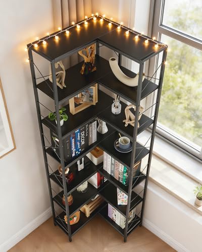 Garvee Corner Shelf, 7 Tier Industrial Corner Bookshelf, Wood and Metal Frame Large Bookcase, Freestanding Display Shelf for Living Room, Kitchen, Home Office, Rustic Brown