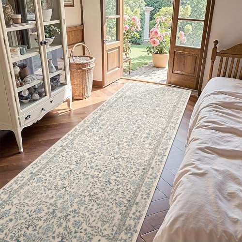 jinchan 3x10 Washable Hallway Runner Rug, Floral Non-Slip, Blue/Cream | Soft Low-Pile, Botanical Throw Carpet for Kitchen Entryway Laundry Room Bedroom - color: Blue/Cream, size: 3' x 10' (Rectangular)
