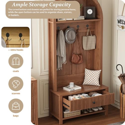 70.86-inch Entryway Hall Tree, Farmhouse-Style Wooden Coat Rack Freestanding, Entryway Organizer with Four Hooks, Standing Shoe Rack with Bench for Hallways, Foyers, and Living Rooms, Walnut - color: Walnut
