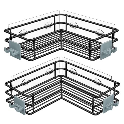 Nieifi Corner Shower Shelves, Adhesive Shower Caddy, Bathroom Organization | Stainless steel, 2 pack, wall mounted, bathroom shelves, shampoo and soap holder, bathtub storage, with hooks, black - color: Black
