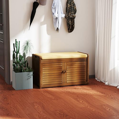 Wilk Shoe Storage Bench, 2-Tier Shoe Cabinet with Padded Seat Cushion, Bamboo Entryway Bench with 2 Doors (31.49’’(L) x13.78’’(W) x18.9''(H)) - size: 31.49" (L) x 13.78" (W) x 18.9" (H)