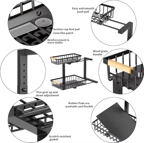 Lumela Under Sink Organizer, 2-Tier Slide-Out Cabinet Organizer Shelf, Height Adjustable Metal Pull-Out Storage Rack with Wood Handle for Kitchen & Bathroom Cabinets (Black)