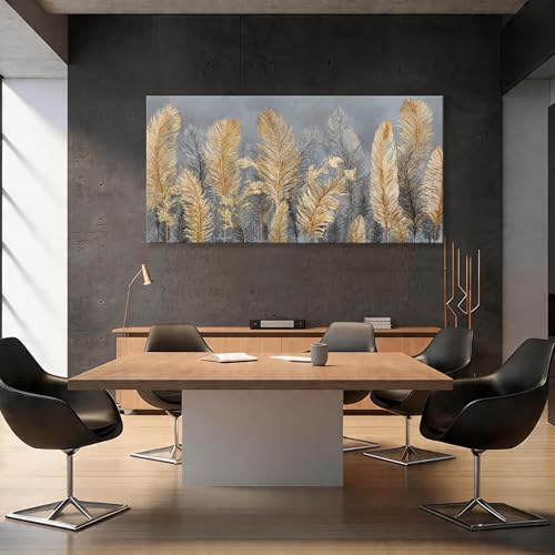 Dimpaga Oversized Wall Art Decor Gold Boho Canvas Art Wall Decor For Living Room Grey Boho Aesthetic Feather Wall Art Decor Artwork Modern Decor Artwork For Home Bedroom Office Wall Decor 29×58 Inch - color: D-01P, size: 58"L x 29"W