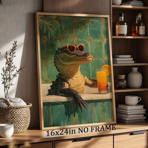 Funky Animals Wall Art Bathroom Humor Poster Animal in Bathtub Painting Aesthetic Cocktail Picture Crocodile Artwork Bathroom Drinking Pictures Funny Animal Green Poster for Restroom 16x24in Frameless - color: G3Unframed
