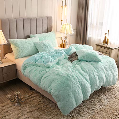 Faux Fur Velvet Fluffy Bedding Duvet Cover Set Down Comforter Quilt Cover with Pillow Sham, Ultra Soft Warm (Twin, Aqua) - color: Aqua, size: Twin