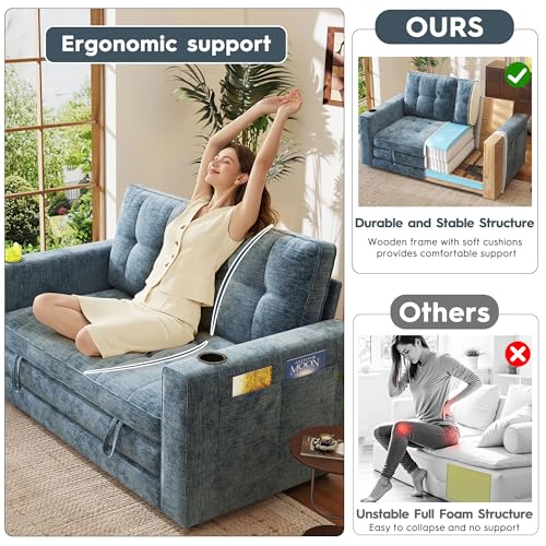 55" Convertible Folding Sofa Bed, Pull Out Couch Love Seat Sleeper Bed, Small Fold Out Loveseat sleeper with Cup Holder and Pillow for Small Space, Bedroom Lounge, Dorm, Living Room(Blue Chenille) - color: Blue