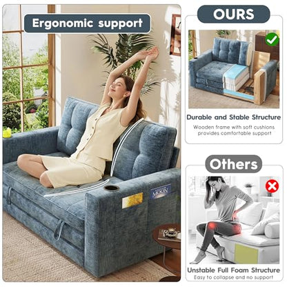 55" Convertible Folding Sofa Bed, Pull Out Couch Love Seat Sleeper Bed, Small Fold Out Loveseat sleeper with Cup Holder and Pillow for Small Space, Bedroom Lounge, Dorm, Living Room(Blue Chenille) - color: Blue