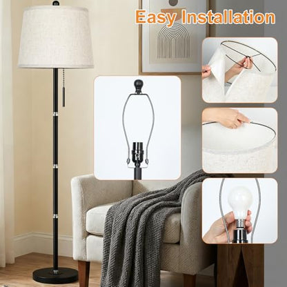 JUNNAI 【Upgraded】 Modern Black Floor Lamp 63in Standing Lamp for Living Room Bedroom Office 3 Way Brightness Dimmable Tall Pole Light with Beige Linen Shade Metal Shade 8W 3000K LED Bulb Included - color: Black