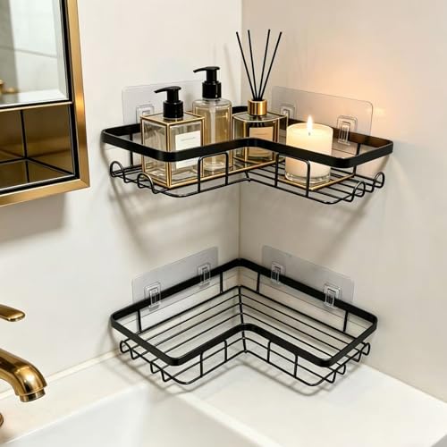Shower Caddy 2 Pack, No Drilling Adhesive Bathroom Organizer Shelf Rack, Corner Shower Shelf with Hooks for Home Decor & Storage - color: Black