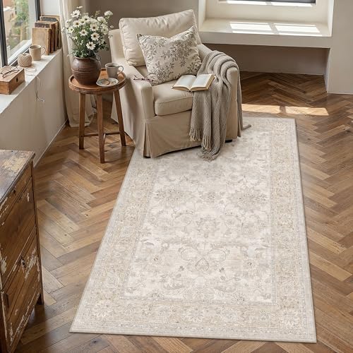 3x5 Beige Neutral Small Area Rug | Washable, Non Slip, Low Pile, Soft, Vintage, Distressed, Floral, Farmhouse, for Entryway Kitchen Bathroom Laundry Room - color: Beige, size: 3' x 5' (Rectangular)