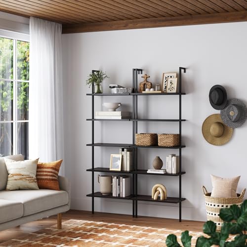 Nathan James 65501 Theo 5-Shelf Wood Modern Bookcase, Open Wall Mount Ladder Bookshelf with Industrial Metal Frame, Dark Walnut Brown/Black, Set of 2 - color: Theo Nutmeg/Black, size: Set of 2