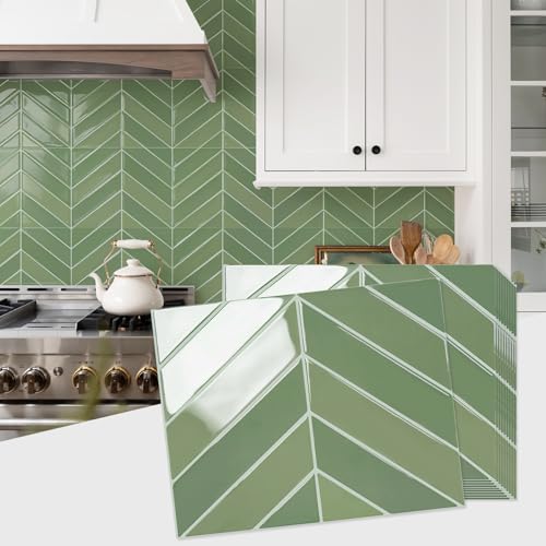 STICKGOO Herringbone Peel and Stick Backsplash, Olive Green, 10 Sheets | 12.6 x 9.7 in, Thicker Rectangular Vinyl Stick-On Wall Tiles, Easy Alignment, Waterproof, Easy to Clean, Kitchen/Bathroom - color: Olive Green, size: Pack of 10