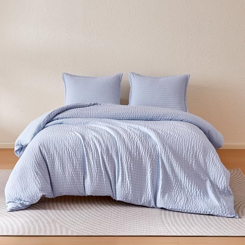 Amazon Basics Duvet Cover Set Jacquard Geometric 3-Piece, with 1 Duvet Cover and 2 Pillow Shams, Comforter Not Included, Full, Blue Striped - color: Blue Striped, size: Full