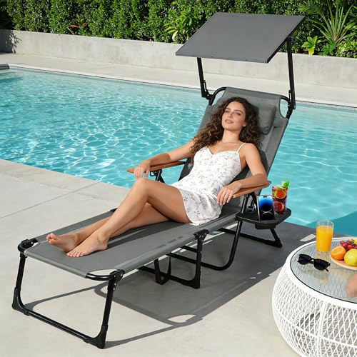 Beach Lounge Chair with Sun Shade, Folding Outdoor Chaise Lounge Chair with Arms, 4-Position Backrest, Extended Sun Tanning Chair Pillow & Cup Holder, Patio Lounger for Outside for Beach Pool(Gray-U) - color: Gray-u