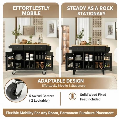 53'' Mobile Kitchen Island with Seating, Rolling Kitchen Island with Storage and Drop Leaf, 3 Drawers Islands Cart Rubberwood Top, 2 Open Shelves, Isla para Cocina, Black + 2 StooIs